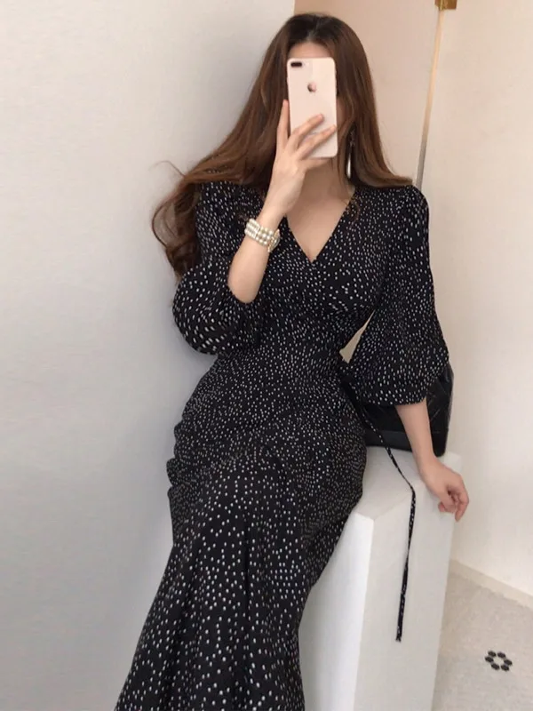 

Для похудения V-Ne Bubble Sve Long Dr Chic Ретро в горошек с поясом для женщин Faion Весна Осень Зима