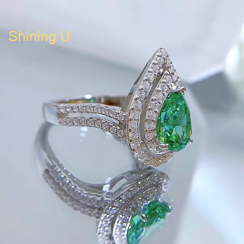 Shining U S925 Silver High Carbon Diamond Pear 6*9mm Lab Created Emerald Ring for Women Fine Jewelry Anniversary