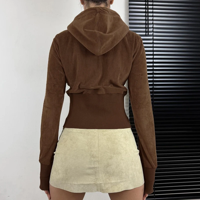 HEYounGIRL Vintage Faux Suede Velvet Slim Jacket Brown Casual Zipper Coat Y2K Streetwear Hooded Outwear Fashion Winter Outfits