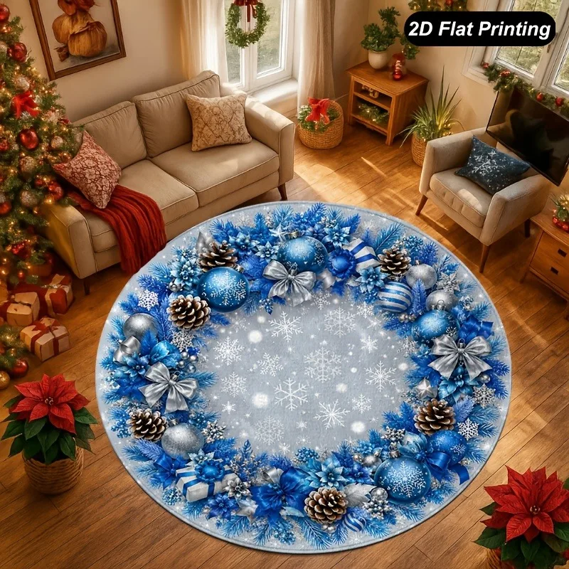 Blue Silver Wreath Holiday Round Rug 40x40cm Decor for Bedroom