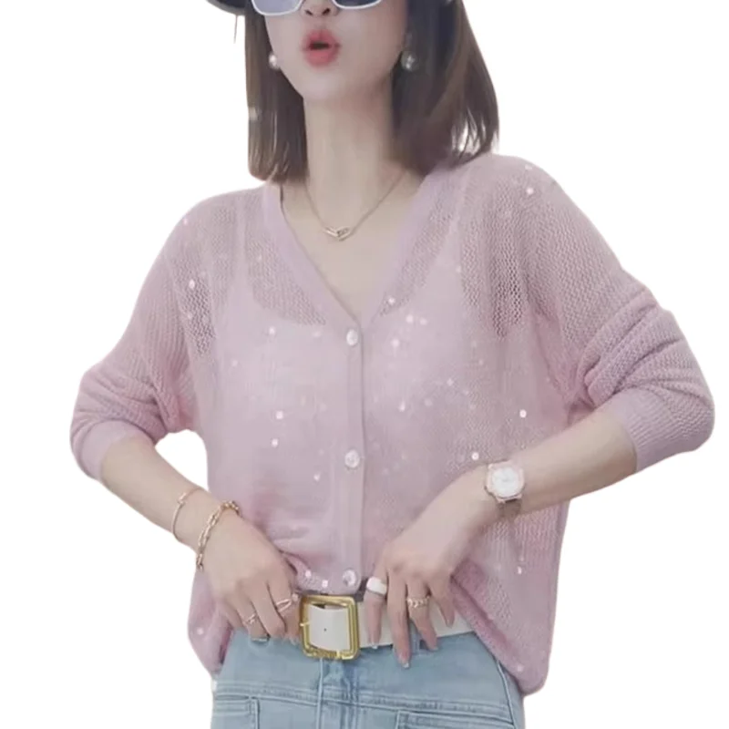 Cardigan tricoté pour femmes, pull d'été fin à manches longues, simple boutonnage, chemise de protection solaire, tempérament, paillettes, col en v, haut ample