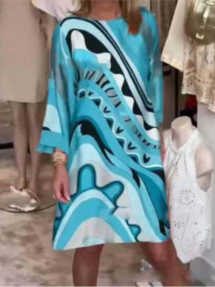 Boho Print Jurk Voor Dames Mode O Hals Pols Mouw Trui Losse Jurken Dame Casual Vakantie Dameskleding Lente Zomer