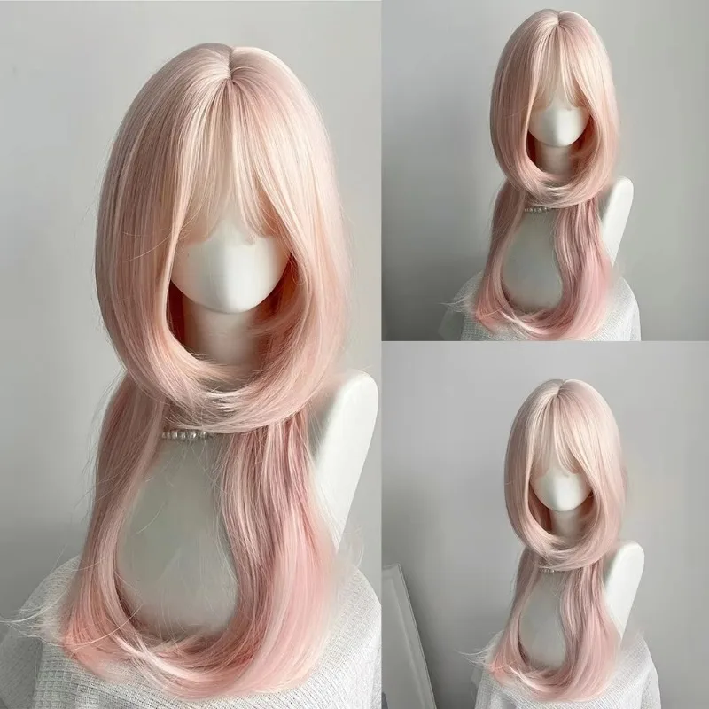 Light Pink Synthetic Wig with Bangs Medium Length Straight Layered Lolita Women Party Role Play Heat Resistant