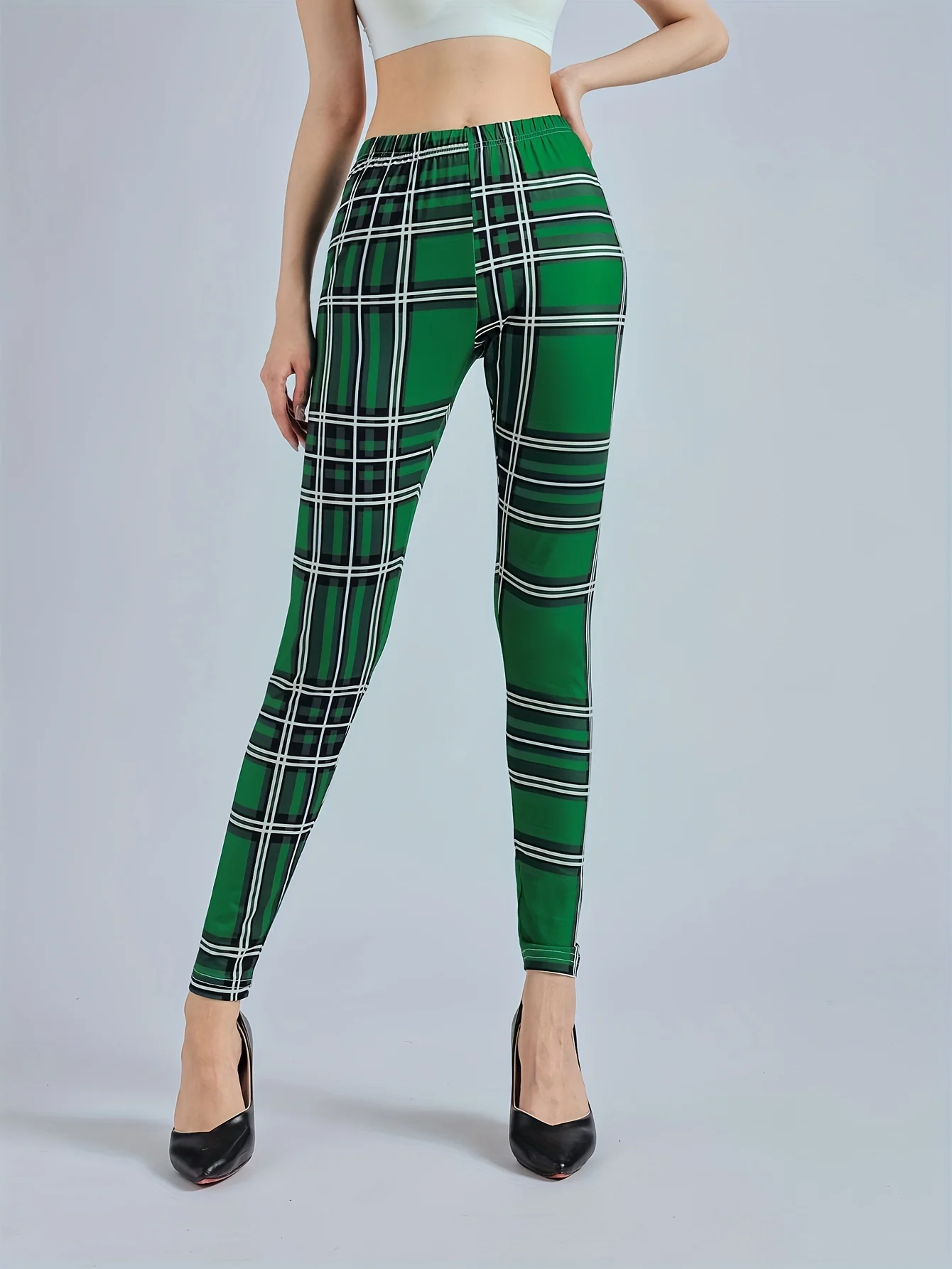 Women\'s Green Checkered Printed Leggings High Waisted And High Elastic Leggings Casual Pencil Pants Tight Pants