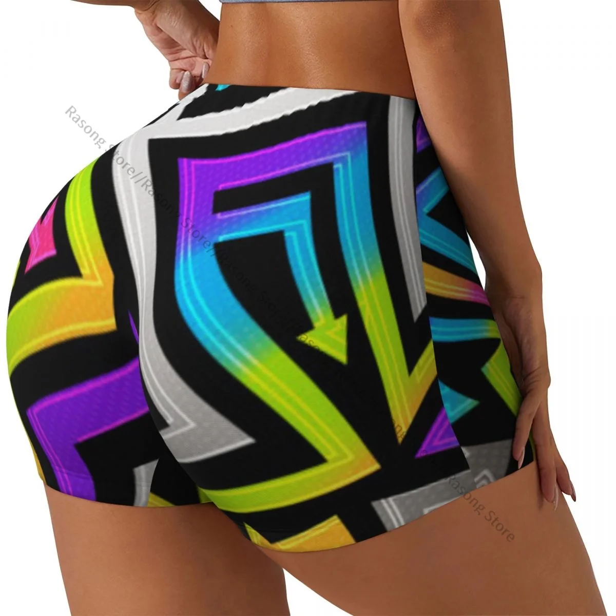 Push Up Short Elasticity Scrunch Butt Rainbow Geometric Arrows Pattern Running Shorts Sports Shorts Womens Clothes Gym