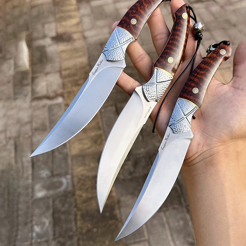 High-quality M390 powdered steel full-Tang straight-blade knife, paired with a handmade leather sheath—ideal as a portable EDC utility knife for outdoor activities, camping, and hiking.