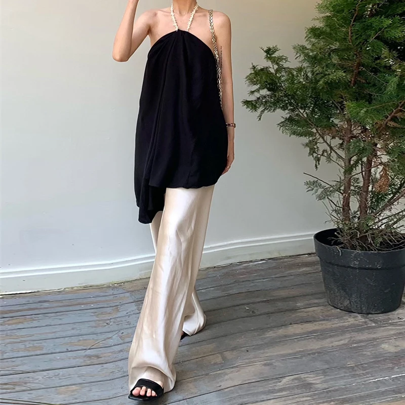 Women's Pants Satin Wide Leg Pants Long Floor Standing Casual Pants Elegant Straight Leg Wide Leg Pants 2024 Women's Summer