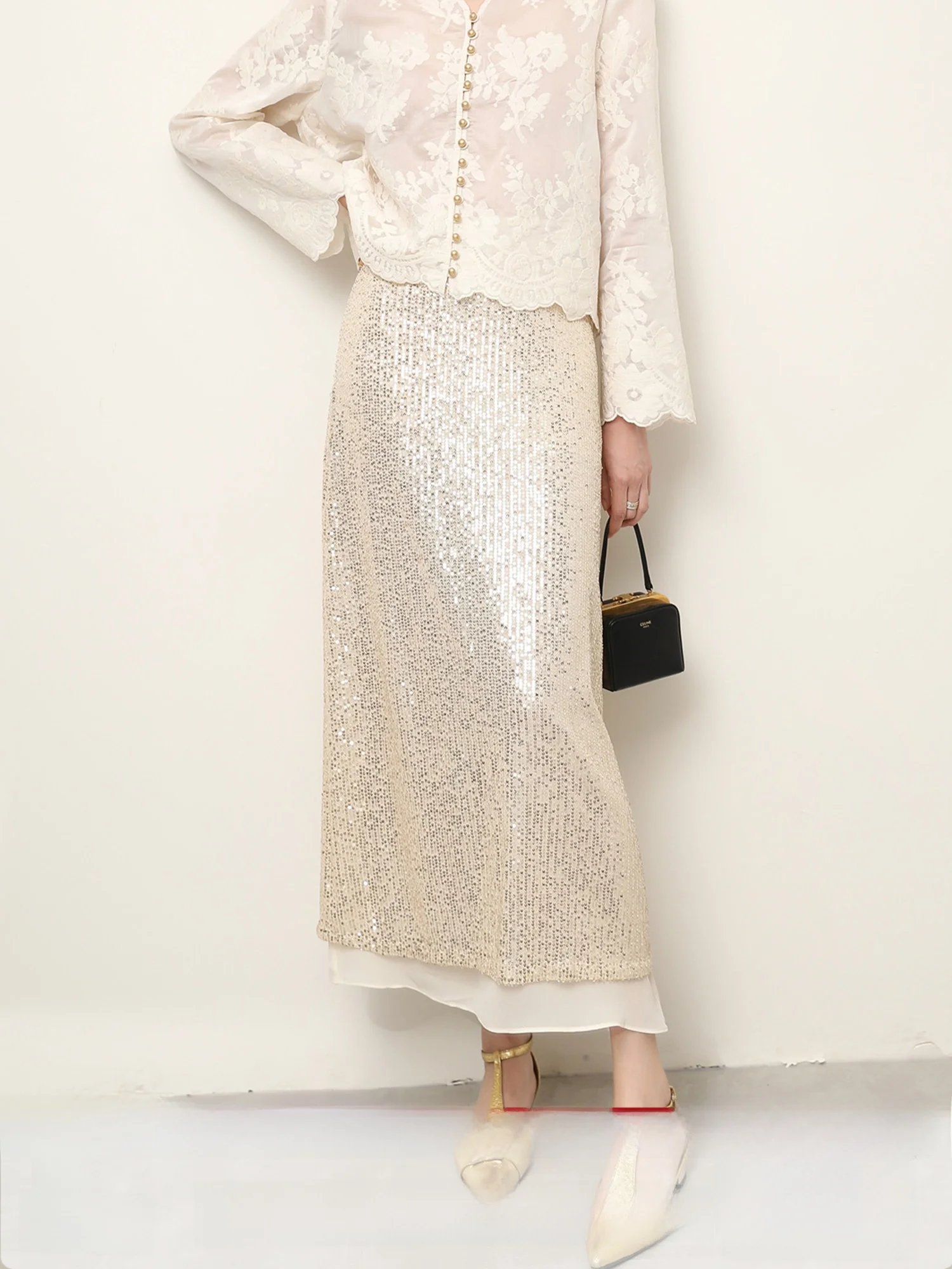 

XUS Spring Autumn Sequin Long A-Line Skirt Simple Commute Faionable Luxury High Waist Polyester Fiber Ci Commute Skirt