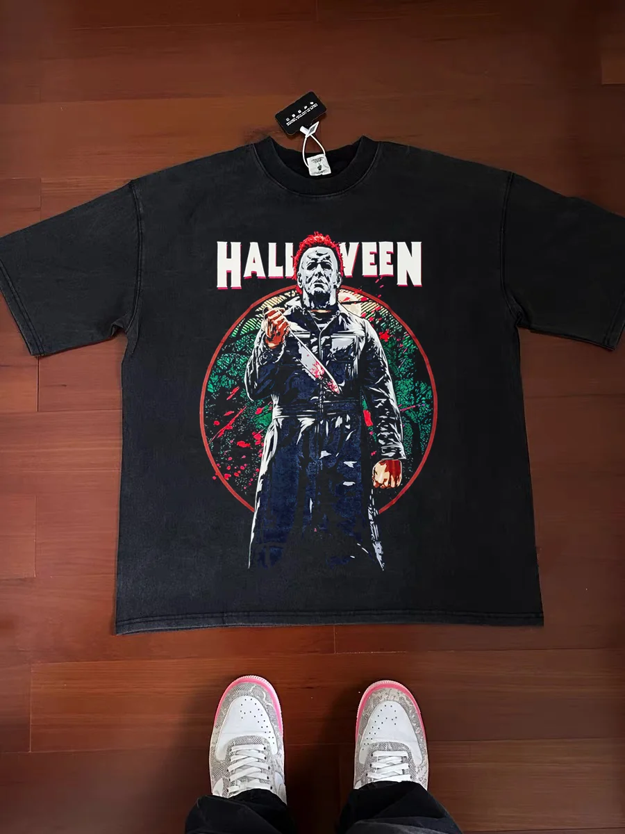 Michael Myers Halloween Horror Movie American Retro Vintage Short Sleeve T-Shirt Small Collar Worn in Cotton Youth Fashion