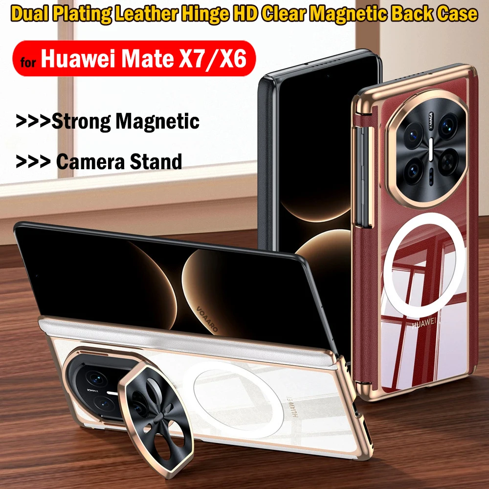 

Camera Kickstand Funda for Huawei Mate X7 X6 Dual Magnet Hinge Plating Leather Case for Huawei Mate X7 Case HD Clear Back Cover