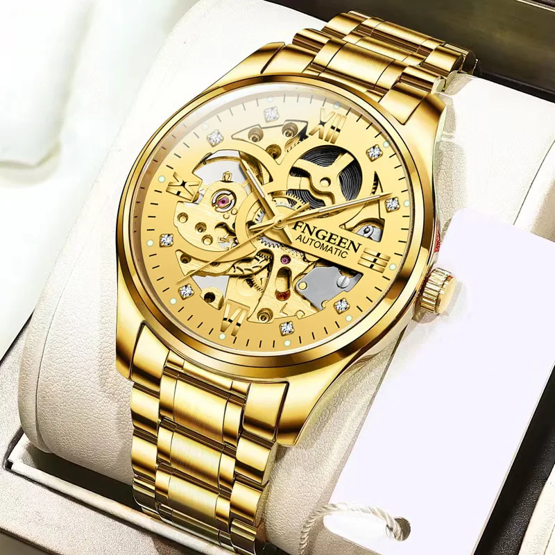 Luxury Full Gold Mechanical Watch Men\'s Stainless Steel Top Brand Waterproof Business Tourbillon Hollow Watch Relogio Masculino