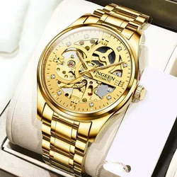 Luxury Full Gold Mechanical Watch Men's Stainless Steel Top Brand Waterproof Business Tourbillon Hollow Watch Relogio Masculino