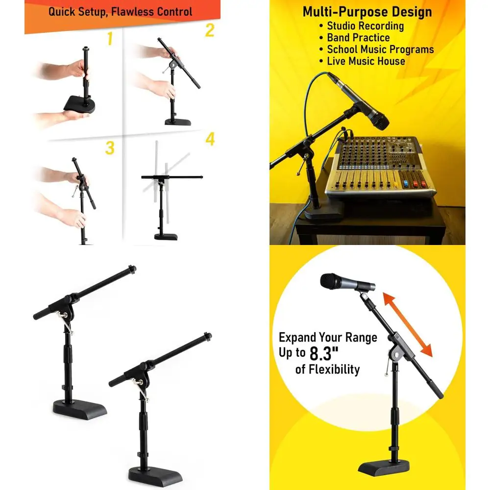 

2-Pack Compact Microphone Stands for Snare, Tom, Bass Drums and Table Tops with Adjustable Height and Clip-on Cable Holders