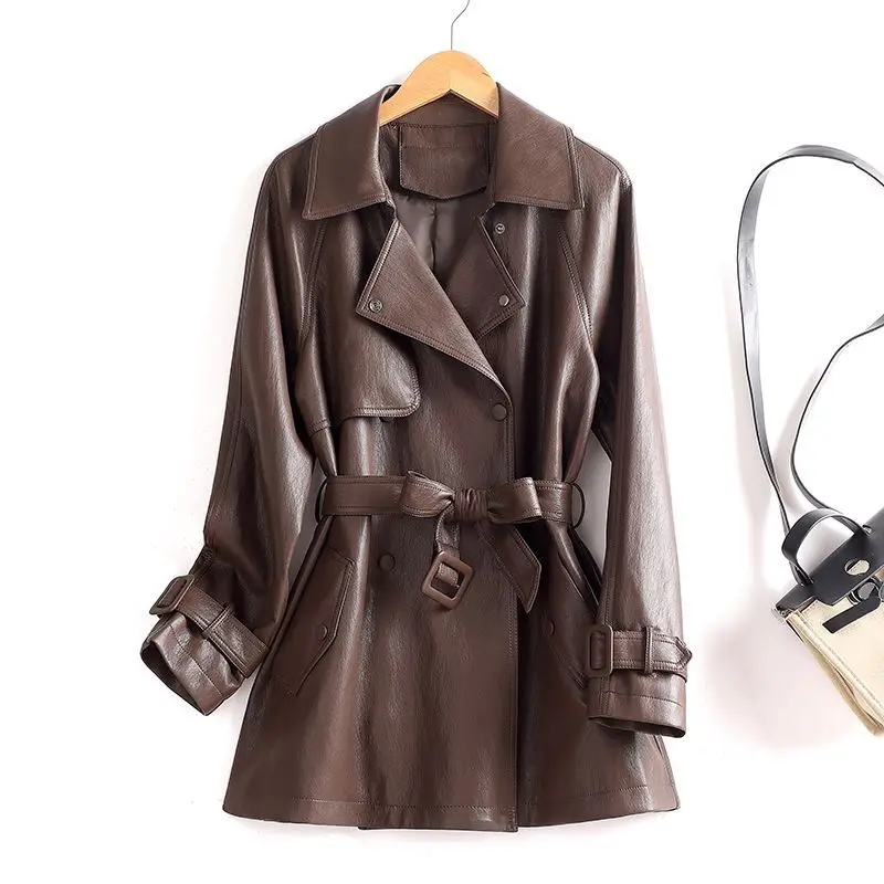 

New Women Split Leather Short Trench Coat Autumn Fashion Suit Collar Double Breasted Slim Waist with Belt Casual Leather Coat