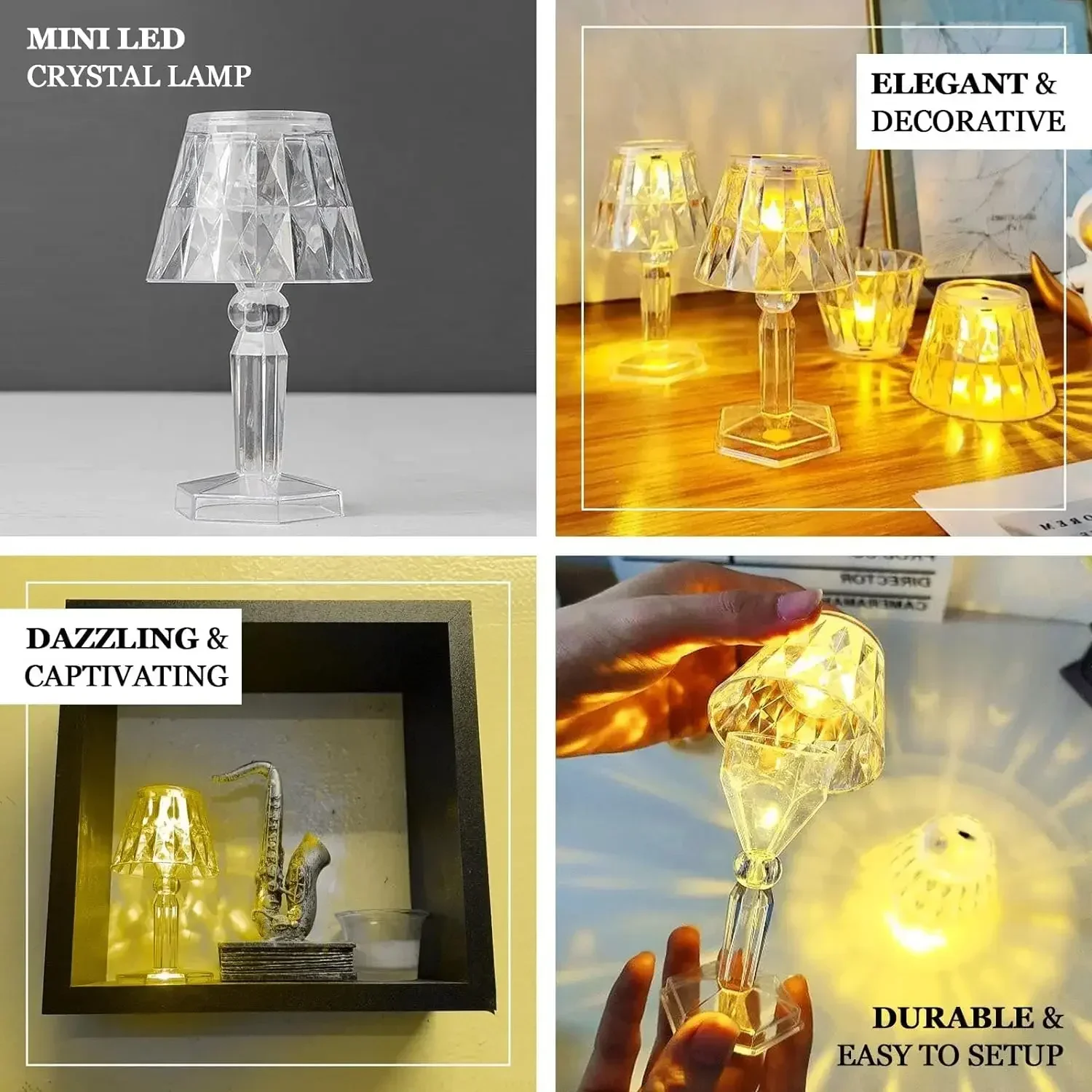 Luci notturne in cristallo trasparente Mini proiettore lampada da tavolo con diamante acrilico LED lampada da scrivania trasparente decorazioni per la camera da letto regali per bambini