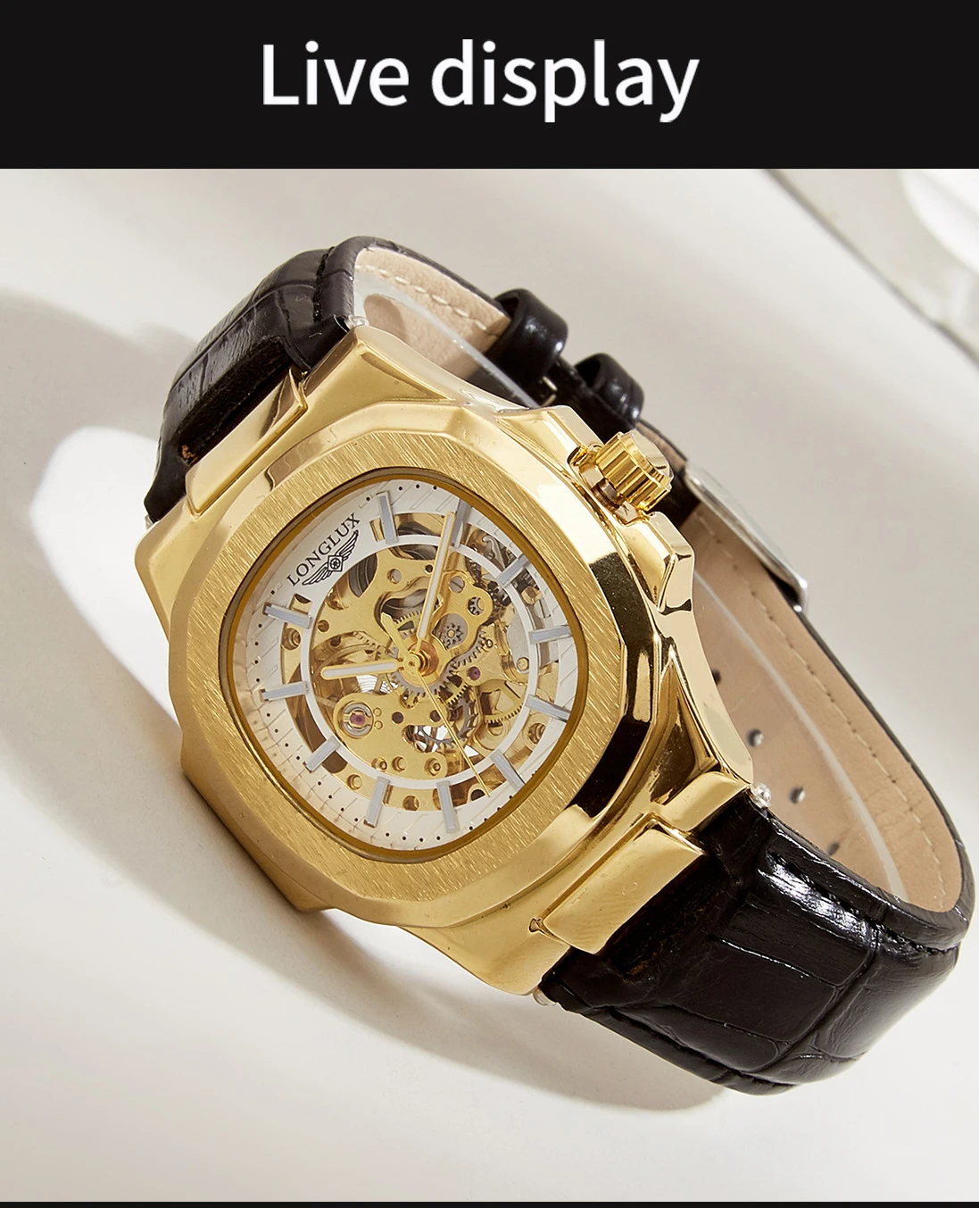 LONGLUX Automatic Mechanical Watch Outdoors Simple Luxury Watches Waterproof Cheap Wholesale Skeleton Leather Mens Watch Gift