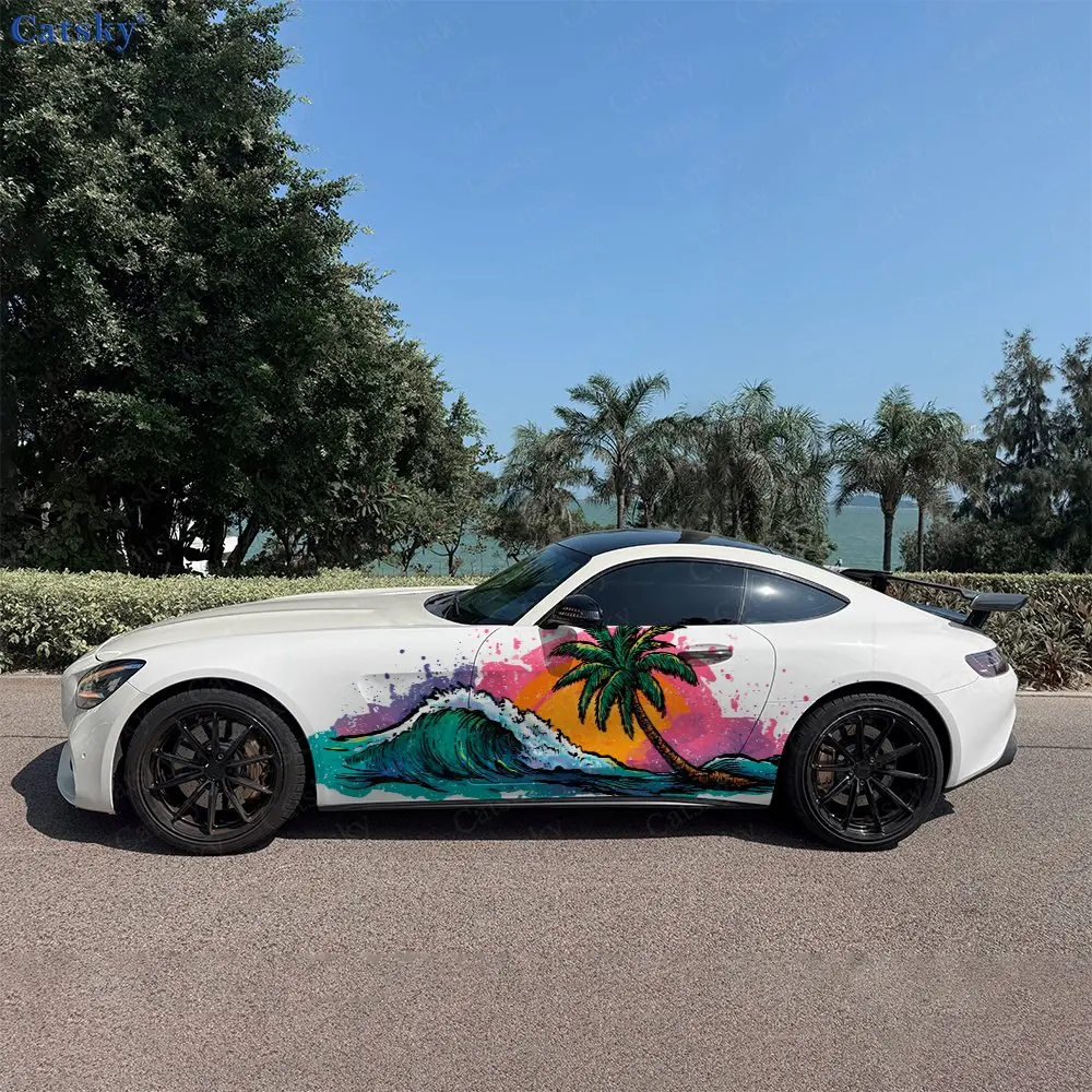 2pcs Waves And Beach Car Sticker Full Body Decal Decoration Scratches Protect Car Sticker Waterproof Car Vinyl Wraps
