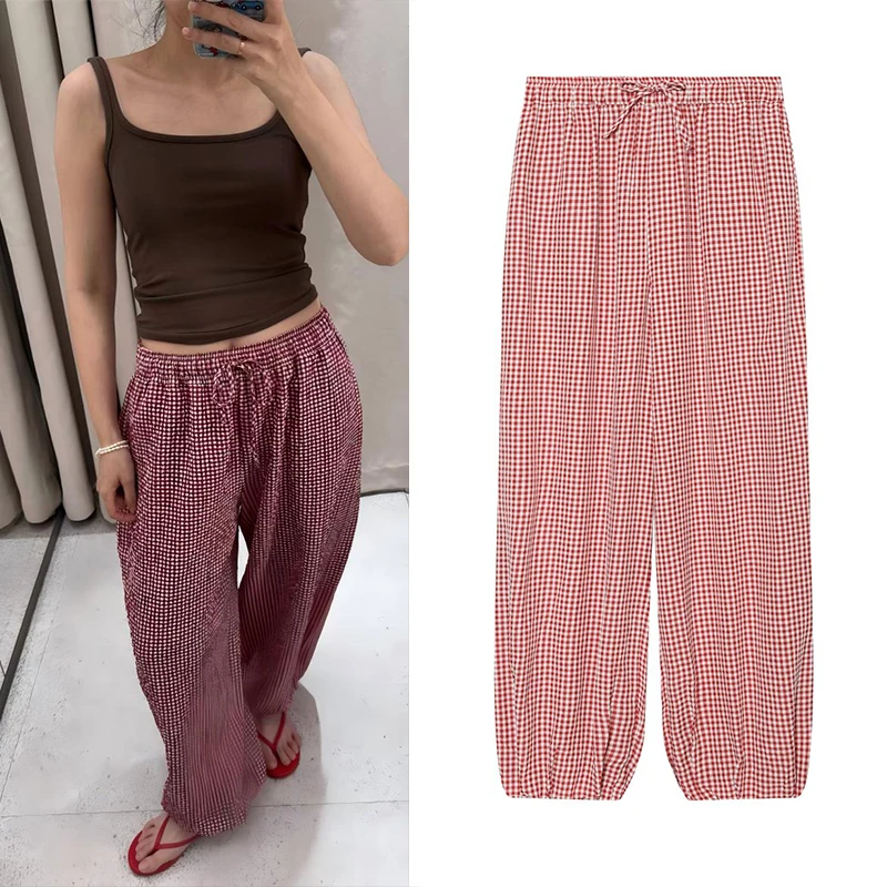 Pantalones cortos de mujer Guobioziy, nuevo estilo 2026, pantalones tipo farol con cordón ajustable y puños, diseño a cuadros Vichy multicolor, estilo vintage casual.