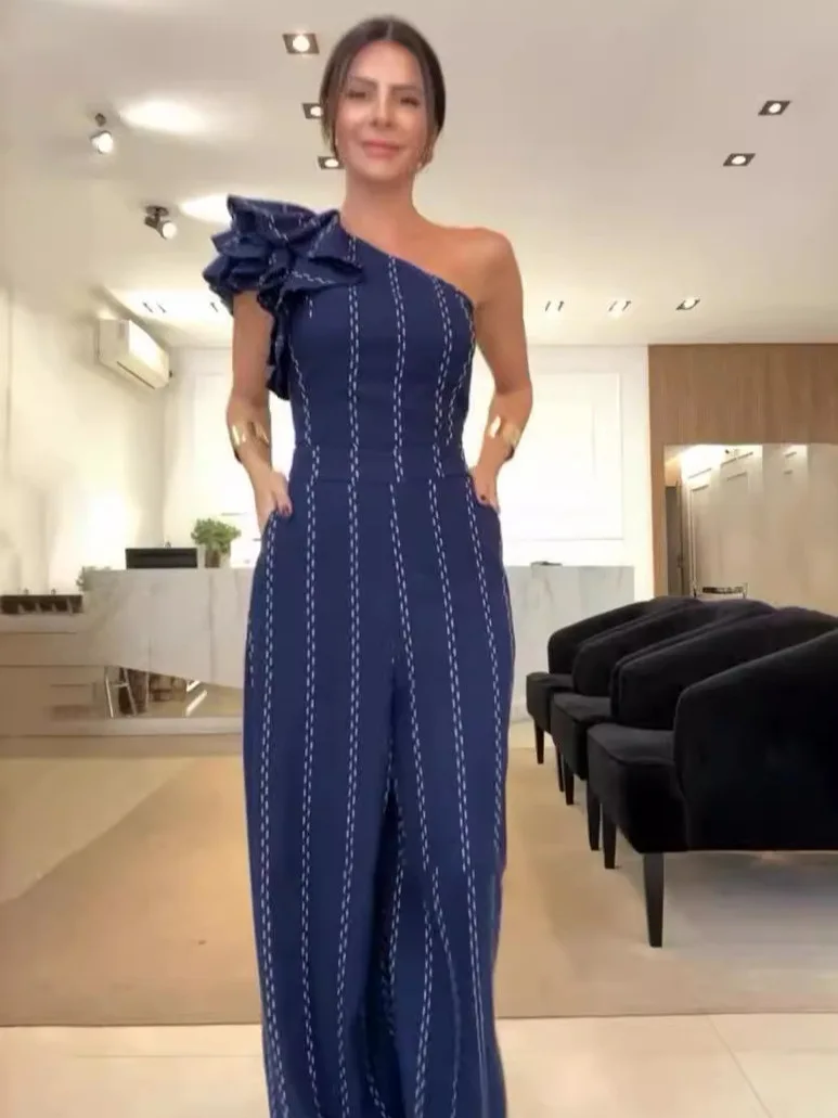 

Faionable Slimming Summer New Sle Women's One-Piece oulder Bared Striped Diagonal Collar Wood ain Long Pants