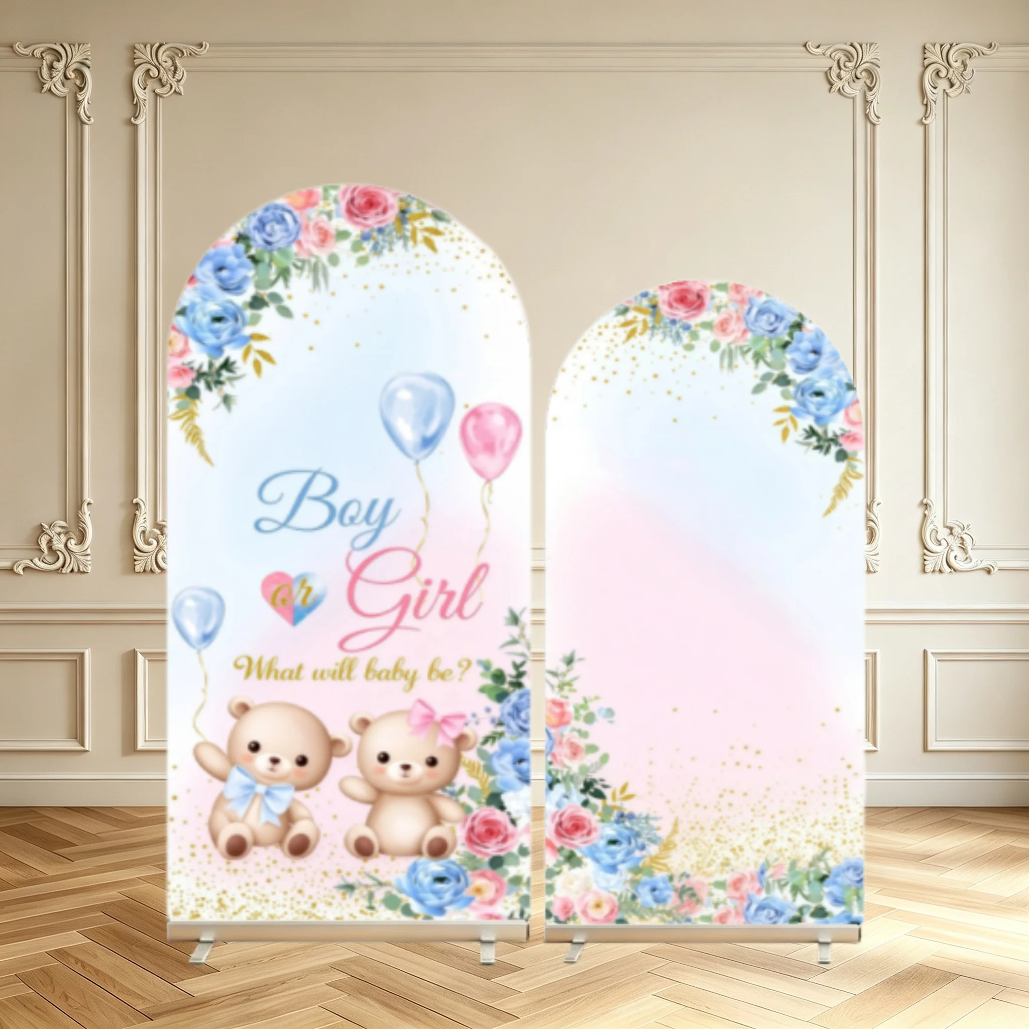 Boy or Girl Gender Reveal Arch Backdrop Cover Teddy Bear Blue Pink Floral Baby Gender Reveal Party Decor Double Sided Arch Cover