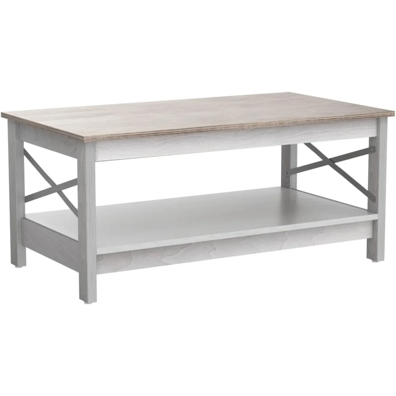 Mesa de centro moderna de granja con almacenamiento, mesa central de 2 niveles para sala de estar de madera, mesa decorativa para cóctel con marco resistente