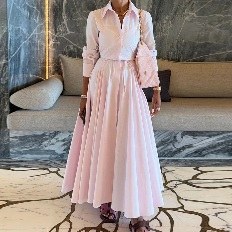 ชุดเซ็ตเสื้อแขนยาวเอวสูงและกระโปรงทรงสวยหรู สีพื้น เรียบง่าย สไตล์ลำลอง สำหรับสาวๆ ใส่ไปทำงานหรือไปงานปาร์ตี้