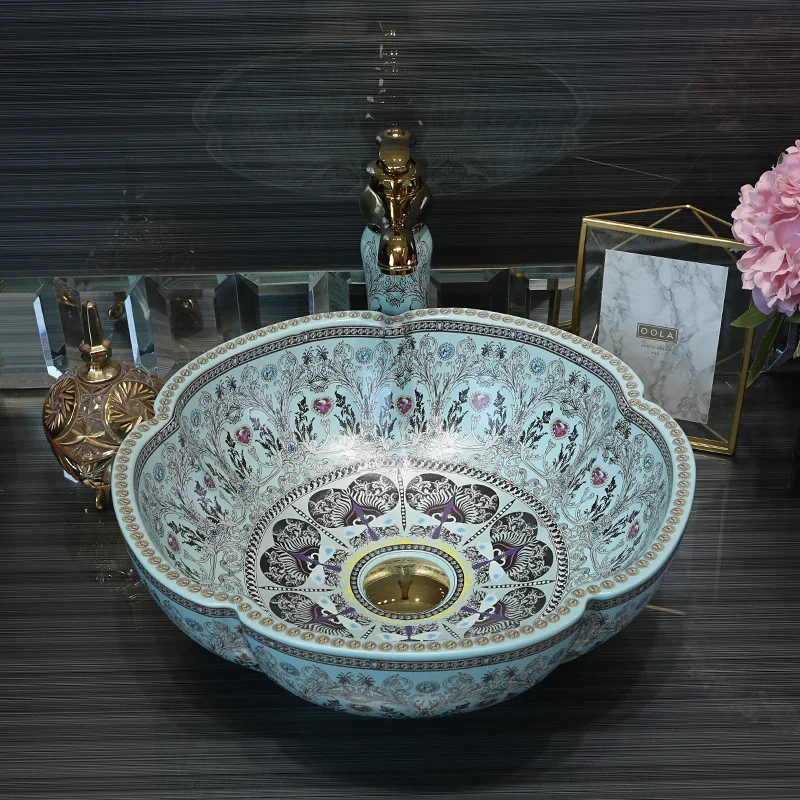 Jingdezhen Porcelain Flower Shaped Ceramic Countertop Wash Basin Bowl Nordical Style Bathroom Vessel Sink for Vanity Top