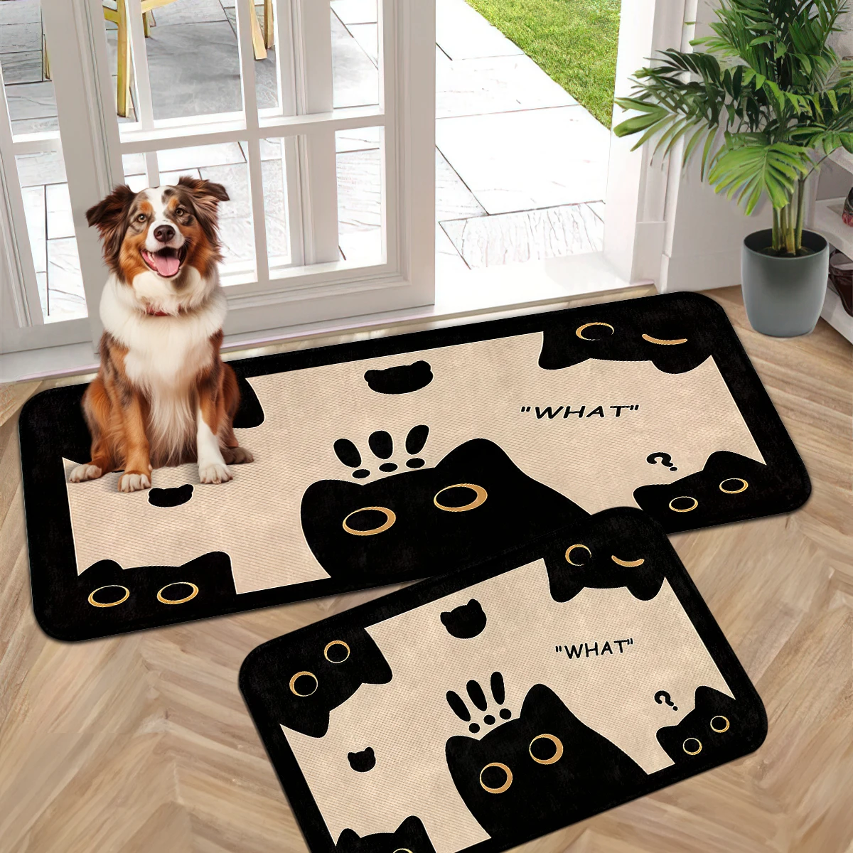 Black Edge Cat Frame Mat, Sketch Dog Head Door Mat, Cute Frog Daisy Runner, Black Colorful Paw Pink Flower Mat Set.