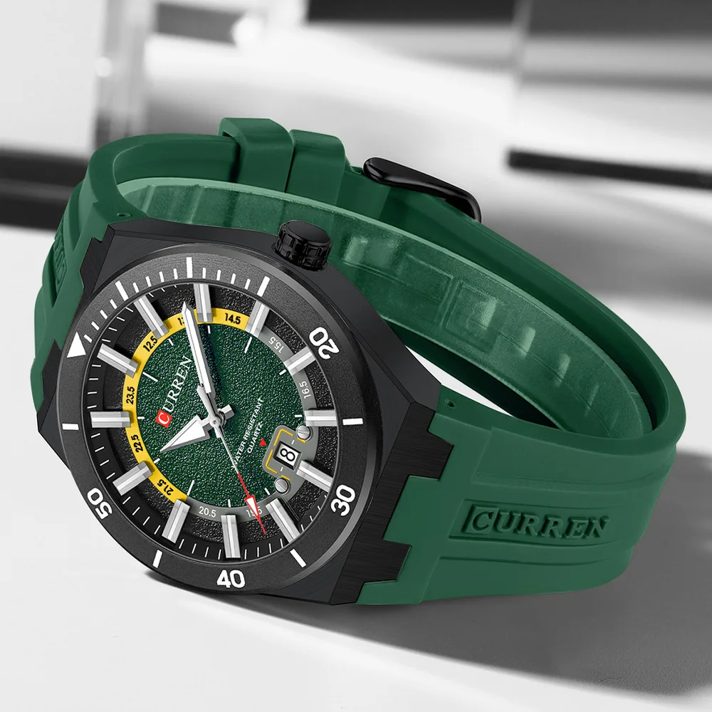 CURREN Men's Quartz Watch Fashion Date Display Luminous 3ATM Waterproof Silicone Strap Sports Wristwatch for Men