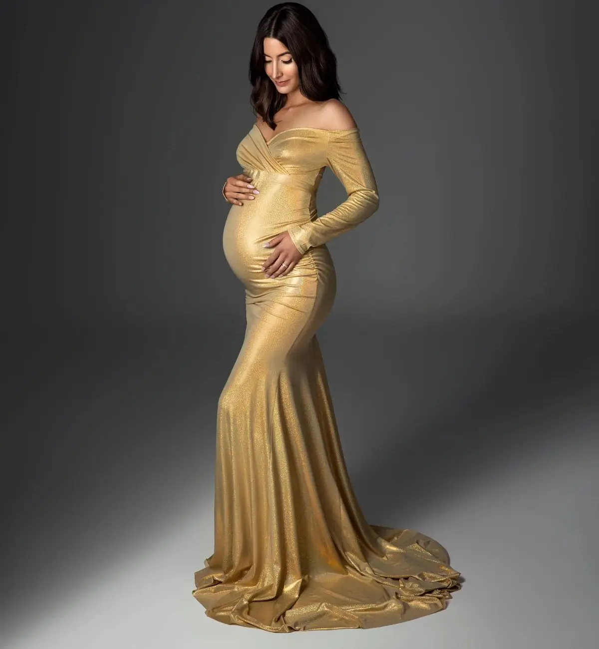 

Shiny Gold Maternity Robes for Photoshoot Off Shoulder Long Sleeves Pregnant Women Dresses Sexy Mermaid Baby Shower Gowns