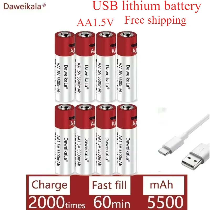 Новые перезаряжаемые батареи USB AA 1,5 В, 5500 мАч, литий-ионный аккумулятор для мыши с дистанционным управлением, электрическая игрушечная батарея + кабель Type-C