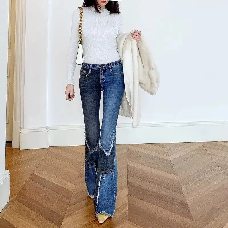 

Джинсы с высокой талией и широкими штанинами, женские, повседневные, утягивающие, модные, с цветными вставками, джинсовые брюки-клеш, универсальные, весна 2026