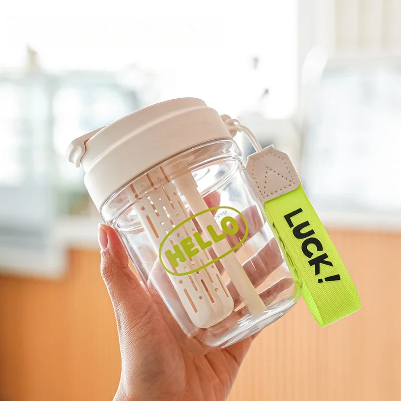 Clear Portable Water Cup with Straw Tea Infuser, Leakproof Travel Tumbler with LUCK Lanyard for Sports Camping