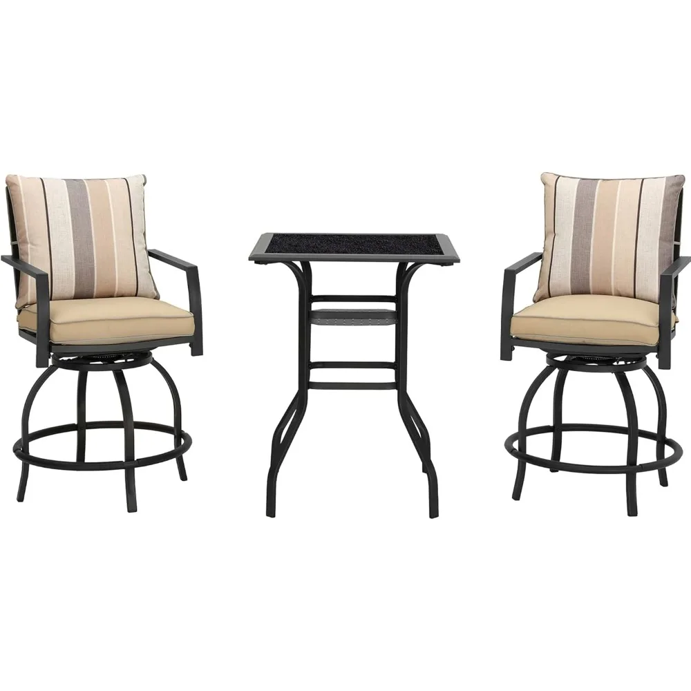 

Patio Bar Height 2 Outdoor Swivel Chairs and 1 High Glass Top Table, 3 Piece Bistro Set, Beige
