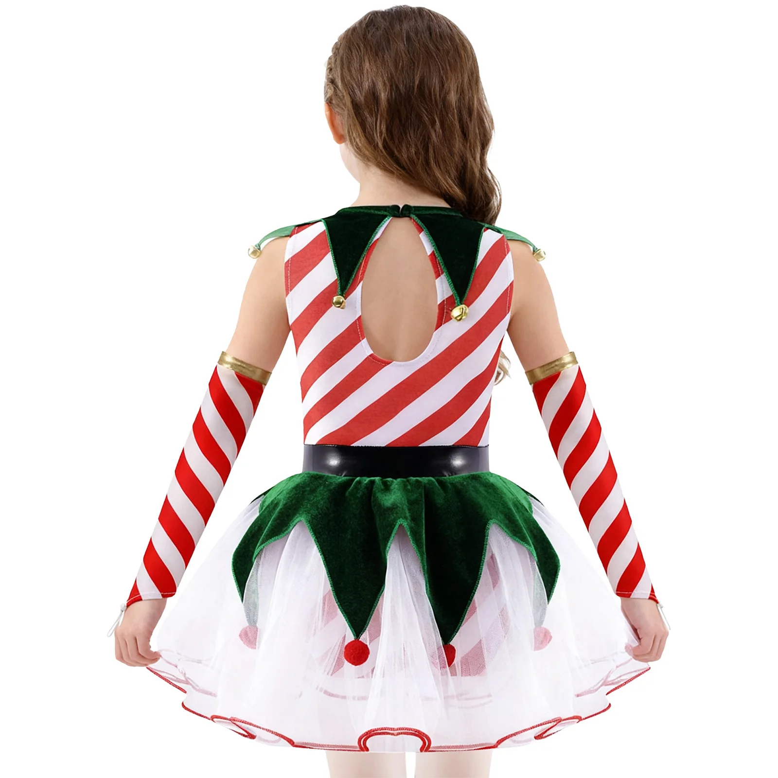 الفتيات عيد الميلاد السيدة سانتا كلوز قزم زي قصب الحلوى شريط شبكة الباليه الرقص توتو فستان الشكل التزلج يوتار مع الأكمام #2