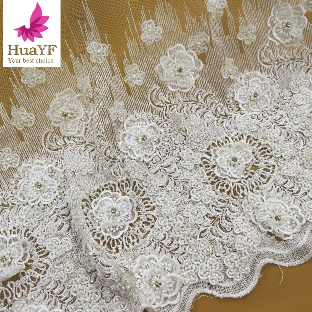 

Luxury Heavy Beaded Tulle Lace 3d Pearl Flower High Density Sequin French Mesh African Bridal Tulle Fabric 5 Yards HY1708