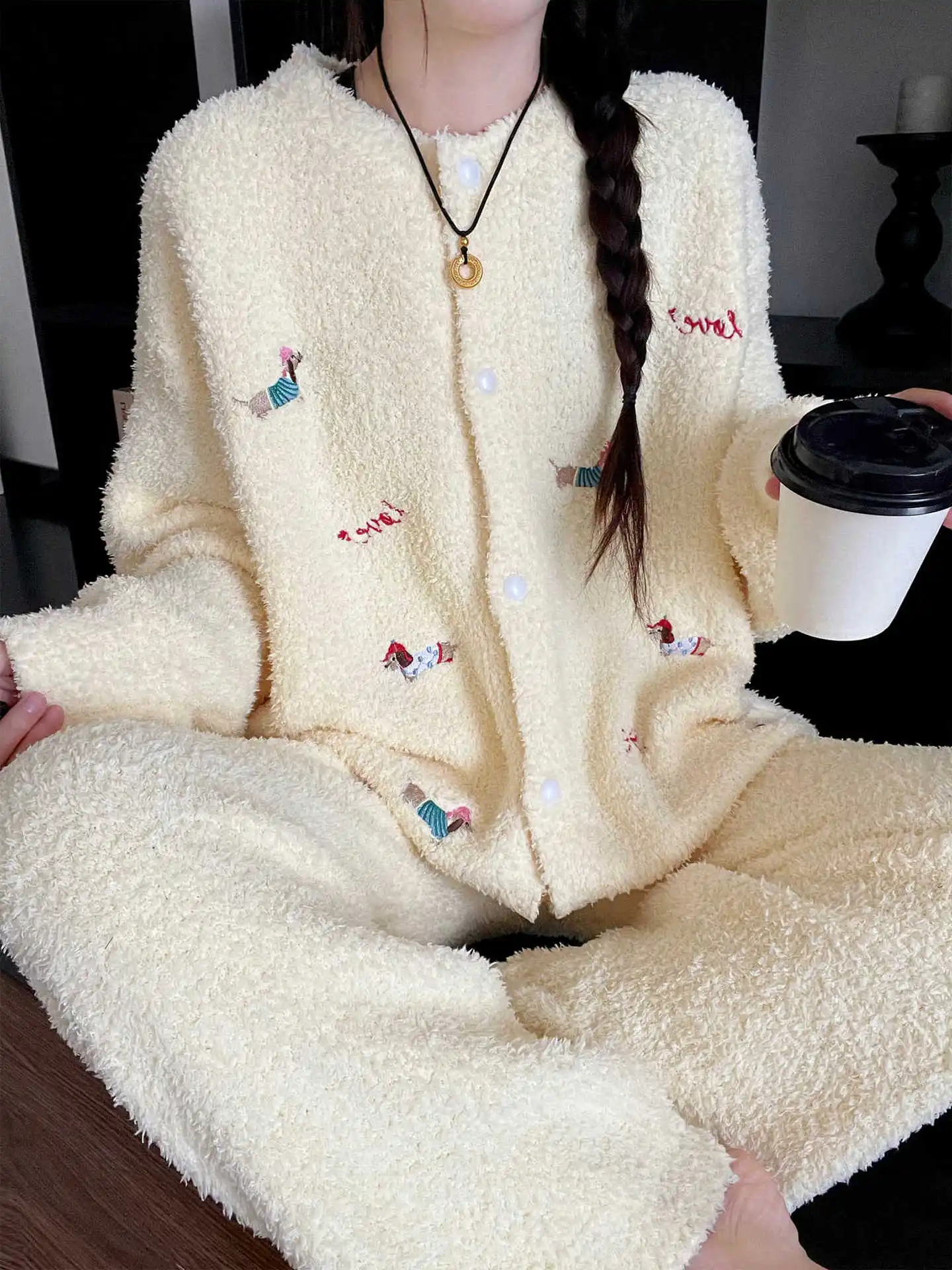 

Осень-зима 2026, кардиган с длинными рукавами + длинные брюки, милый полуфлисовый женский костюм, плотная и теплая повседневная домашняя одежда/пижамы