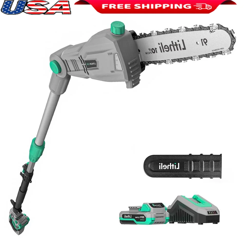 20V Cordless Pole Saw with 10'' Blade Efficient Tree Trimming Extendable Reach Shoulder Strap Safety Lock 35 Cuts per Charge