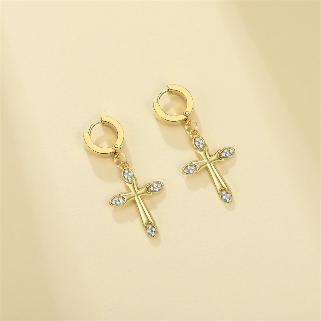 Eueavan Strass-Kreuz-Ohrhänger aus Edelstahl, klassische christliche Creolen für Frauen, religiöser Amulett-Schmuck, Geschenk – Detail 14