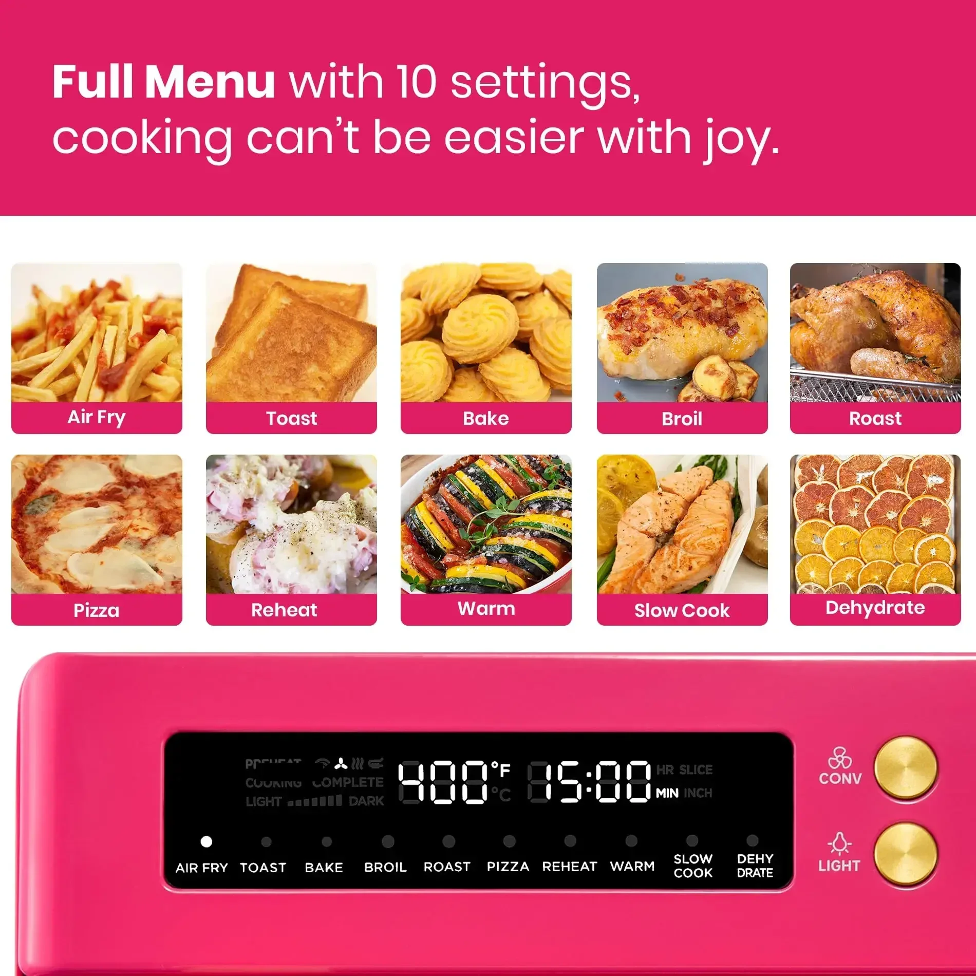 Limited Edition Happy Pink Infrared Heating Air Fryer Toaster Oven, Extra Large Countertop Convection Oven 10-in-1 Combo, 6-Slic