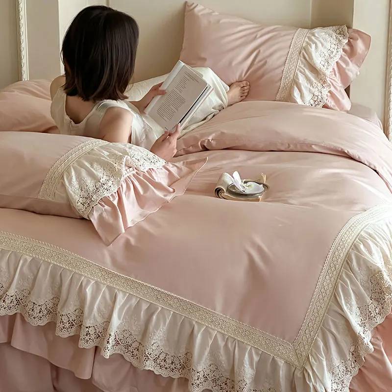 Romantic Lace Embroidered Bedding Sets Luxury Pink Princess 100%Cotton Duvet Cover Bed Skirt Bedspread Pillowcases Home Textile
