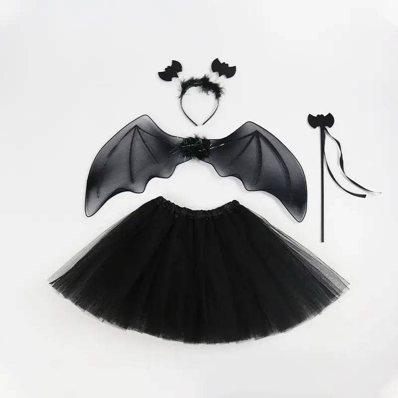 

4Pcs/Set Girls Role Play Bat Costumes Cute Sweet Fairy Wing Wand Headband Tutu Skirt Halloween Cosplay Party Props Gift for Kids