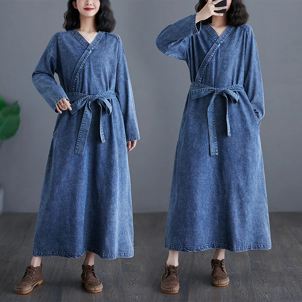 NYFS 2025 ربيع الخريف جديد خمر النساء فساتين من قماش الدنيم Vestidos رداء Elbise فضفاض حجم كبير كم طويل موضة فستان طويل
