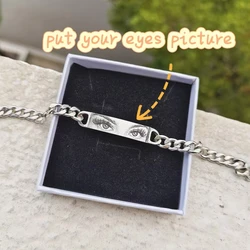 Pulseira de casal com foto de olhos personalizados, pulseira com imagem personalizada, imagem gravável, presentes de aço inoxidável para pai da família