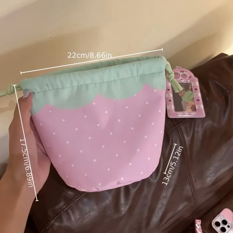 Cute Strawberry Drawstring Storage Bag, Polka‑Dot Cosmetic Makeup Pouch, Portable Travel Toiletry Organizer Bag