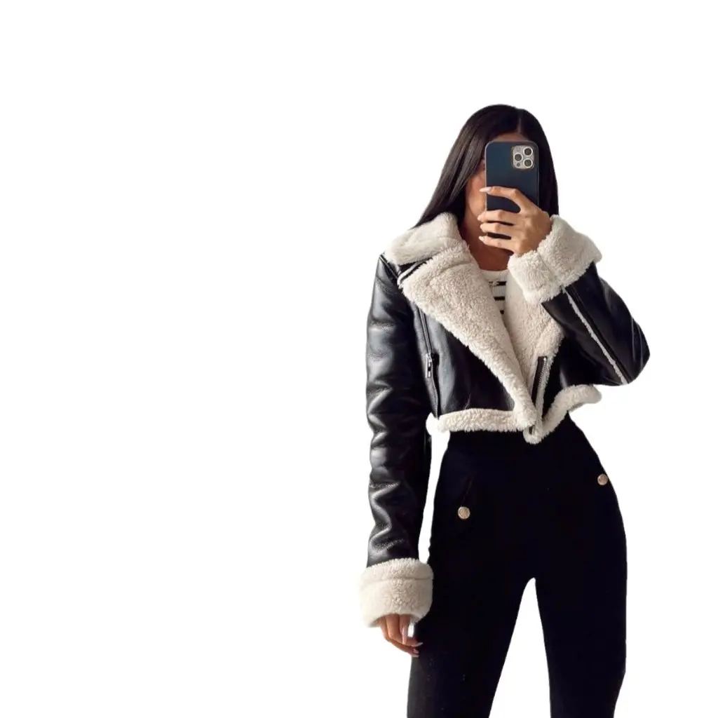 秋冬 ブラックレザー ホワイトヘア ショート モーターサイクルジャケット ガールズ ストリートスタイル ホットトレンド アウターウェア