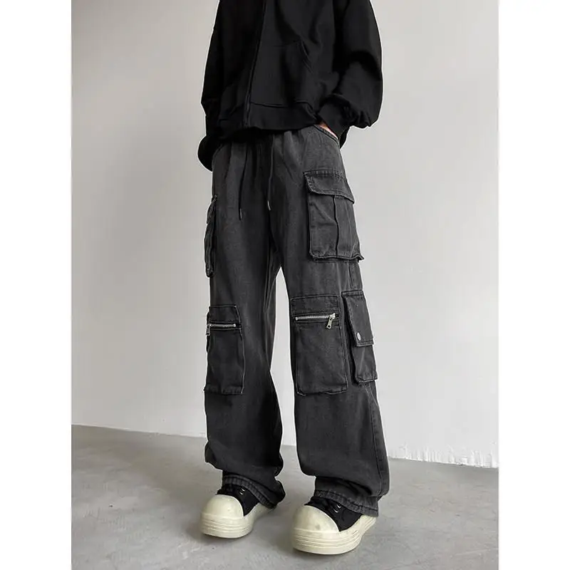 

Functional Multi-Pocket Workwear Jeans Men's High Street Versatile American Drawstring Retro Black Wide Leg Long Pants