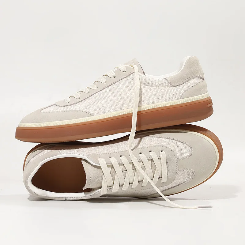 

Shoes for Men Genuine Leather Flax Patchwork Casual Shoes Flat Skateboard Shoes Youth Cool Lace-up Sneakers