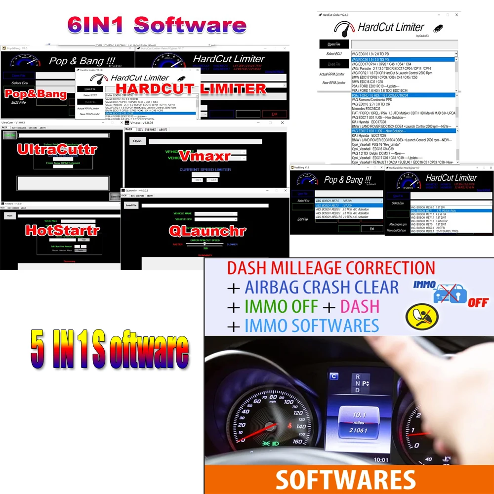 

ECU Software 6 in 1 PACKAGE HardCut Limiter Diesel+Petrol Engine UltraCuttr+Pop&Bang+TOTAL 32GB DASH MILLEAGE CORRECTION5 in1 to