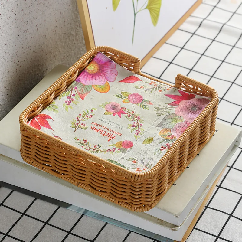 Napkin Holder Tray Plastic Rattan Square Tissue Organizer Woven Box  Table Paper Wicker Storage Bathroom Storage Basket